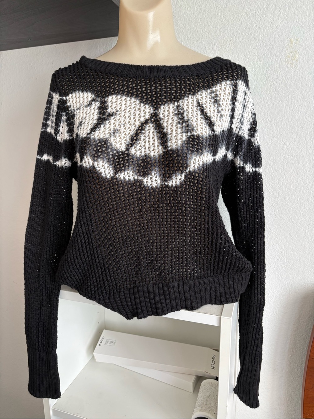 Billabong Black and White Open-Knit Crew Sweater